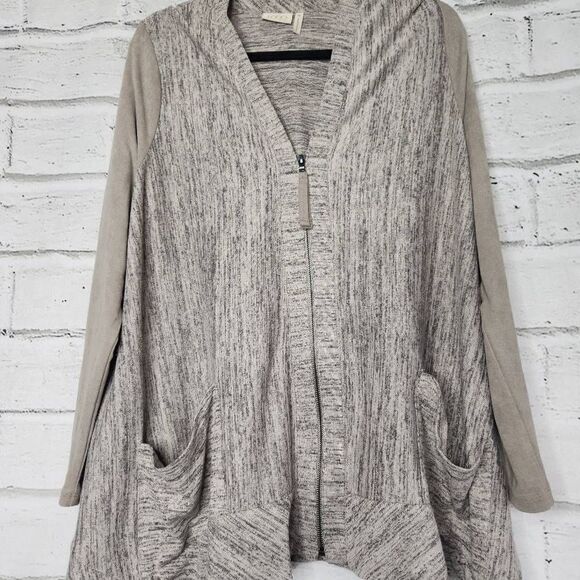 LOGO by Lori Goldstein Faux Suede Sleeve Full Zip Cardigan Tan Womens Medium - Picture 3 of 13